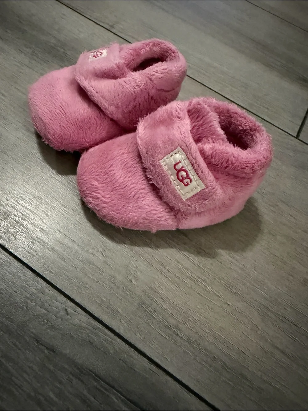 UGG Kids Pink Plush Strap Bootie Slippers